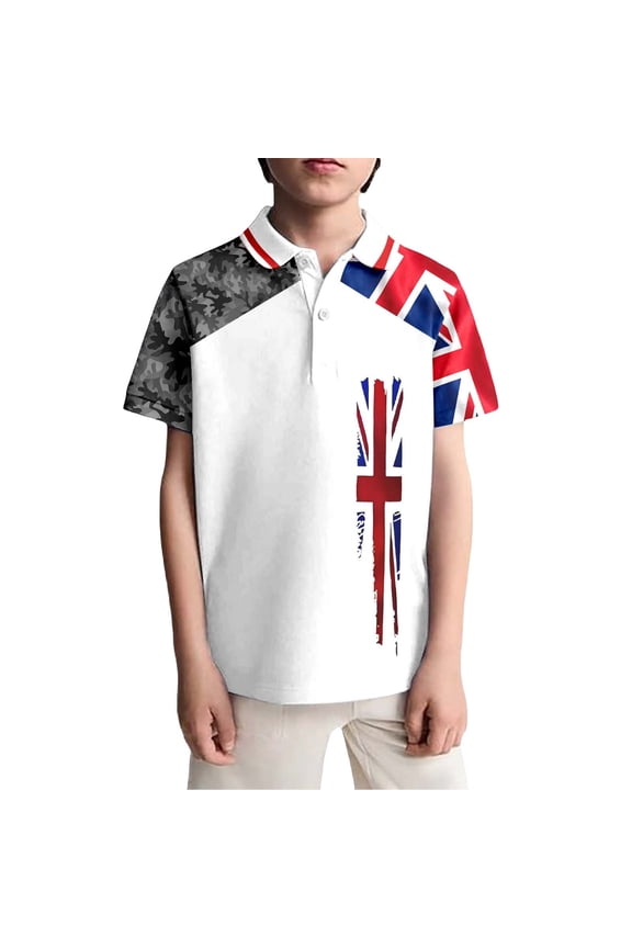Boys UK Polo Shirt Short Sleeve Union Jack Flag Print Casual Collared Top for Kids Travel London Souvenir (3-14 Years)