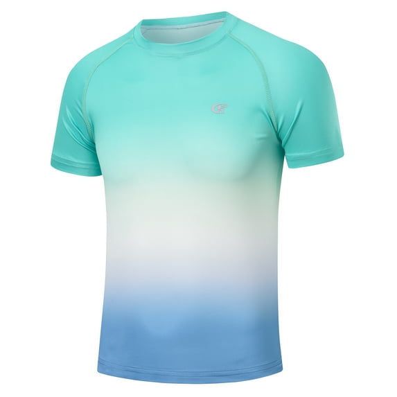 Boys UPF 50+ Rash Guard Swim Shirt Youth Short Sleeve Hiking Shirts Quick Dry Fishing Tee Tops Green gradient S