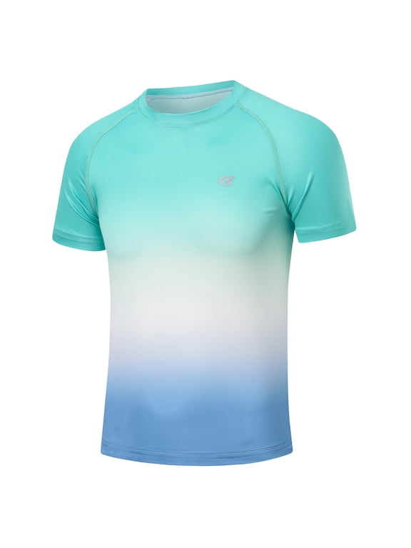 Boys UPF 50+ Rash Guard Swim Shirt Youth Short Sleeve Hiking Shirts Quick Dry Fishing Tee Tops Green gradient S