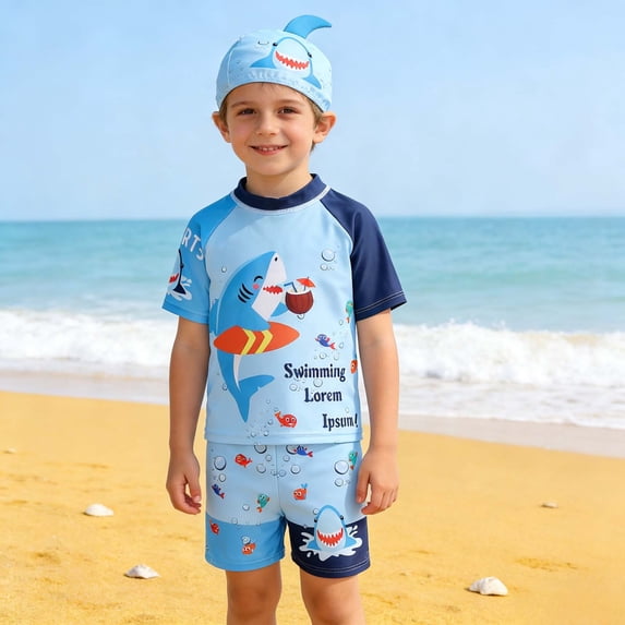 Boys UPF 50+ Swim Set Short Sleeve Rash Guard and Trunks Outfit with Protective Swim Cap for Summer Pool Beach Water Activities 04 Blue Size 2-3 Years
