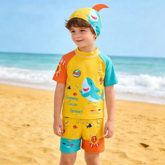 Boys UPF 50+ Swim Set Short Sleeve Rash Guard and Trunks Outfit with Protective Swim Cap for Summer Pool Beach Water Activities 04 Yellow Size 3-4 Years