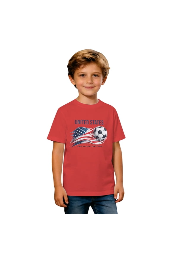 Boys USA Soccer Flag Graphic Short Sleeve T-Shirt, Crew Neck Patriotic Print Top Casual Kids Tee for Daily Sports Wear(Watermelon Red,10-11Years)