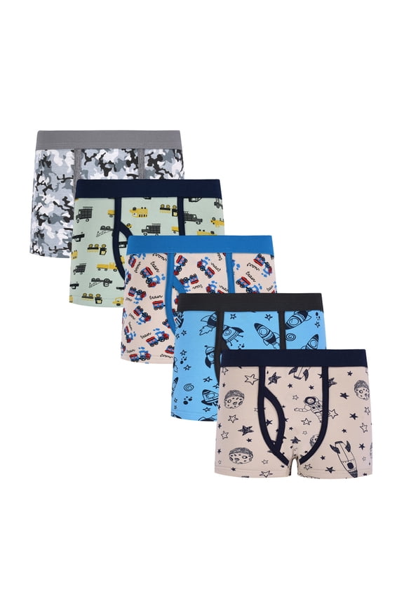 Boys Underwear Boxers, Little Boys 5 Pack Rocket Construction Dinosaur Print Cotton Boxer Briefs, Soft Breathable Kids' Underwear for 10-12 Years