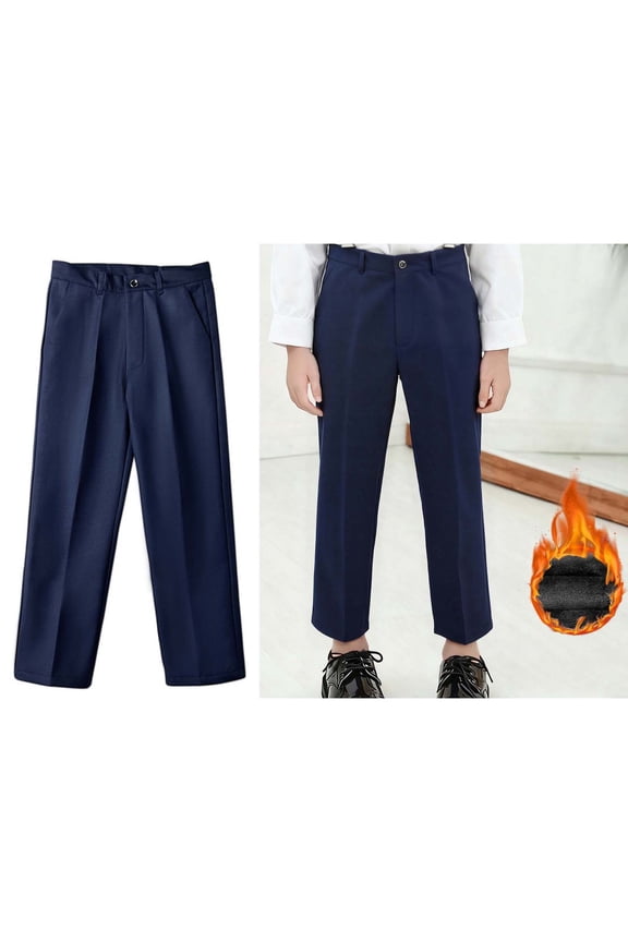 Boys Uniform Pants Fleece Lined Dress Pants Elastic High Waist Stretch Pants with Pockets Boys Navy Pants Back To School 8-9 Years Pants