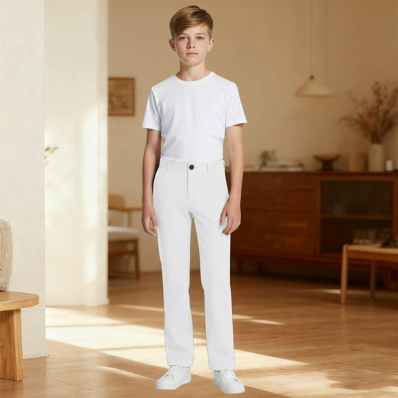 Boys Uniform Pants Pull On Chino Pants with Pockets Straight Pants Boys White Uniform Pants Back To School Outfits Kids Boys Clothes 7-8 Years