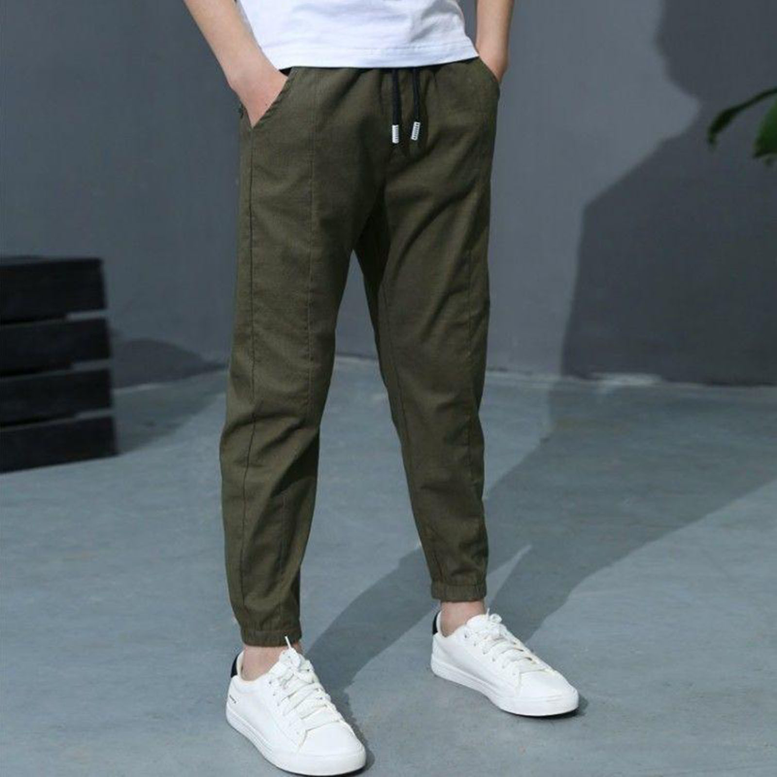 Boys Uniform Pants Size 10-12 Comfortable Cotton Linen Kids Sweatpants Soild Color Trousers with Pocket Elastic Waist Drawstring Casual Pants