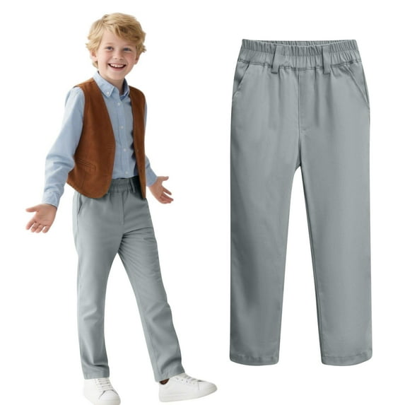 Boys Uniform Pants for School Elastic Waist Dress Pants with Pockets Straight-Leg Comfort Relaxed Fit Casual Trousers