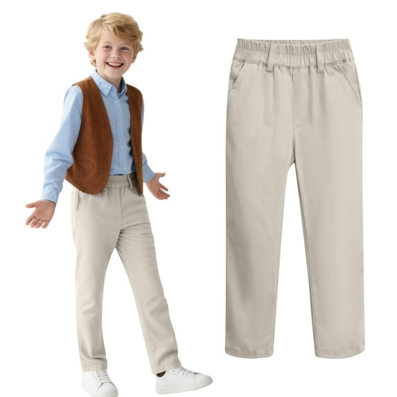 Boys Uniform Pants for School Elastic Waist Dress Pants with Pockets Straight-Leg Comfort Relaxed Fit Casual Trousers