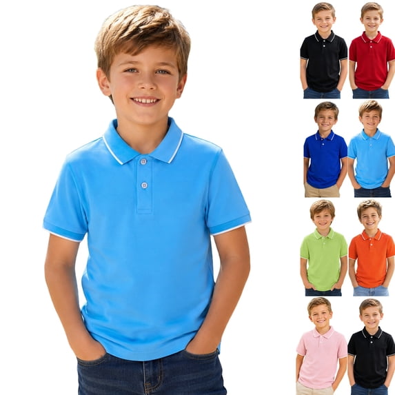Boys Uniform Polo Shirts Short Sleeve Collared Back to School Clothes | Fall Winter Casual Slim Fit Athletic Tops, Tees & Shirts Button Up Golf Shirts Kids Outdoor Wear Sky Blue,10-11 Years