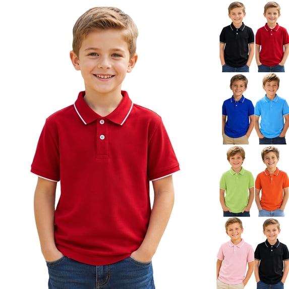 Boys Uniform Polo Shirts Short Sleeve Collared Back to School Clothes | Fall Winter Casual Slim Fit Athletic Tops, Tees & Shirts Button Up Golf Shirts Kids Outdoor Wear Red,5-6 Years