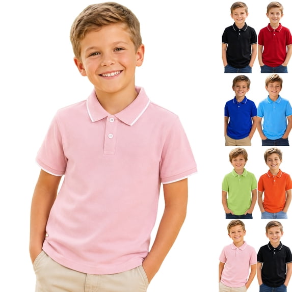 Boys Uniform Polo Shirts Short Sleeve Collared Back to School Clothes | Fall Winter Casual Slim Fit Athletic Tops, Tees & Shirts Button Up Golf Shirts Kids Outdoor Wear Light pink,5-6 Years