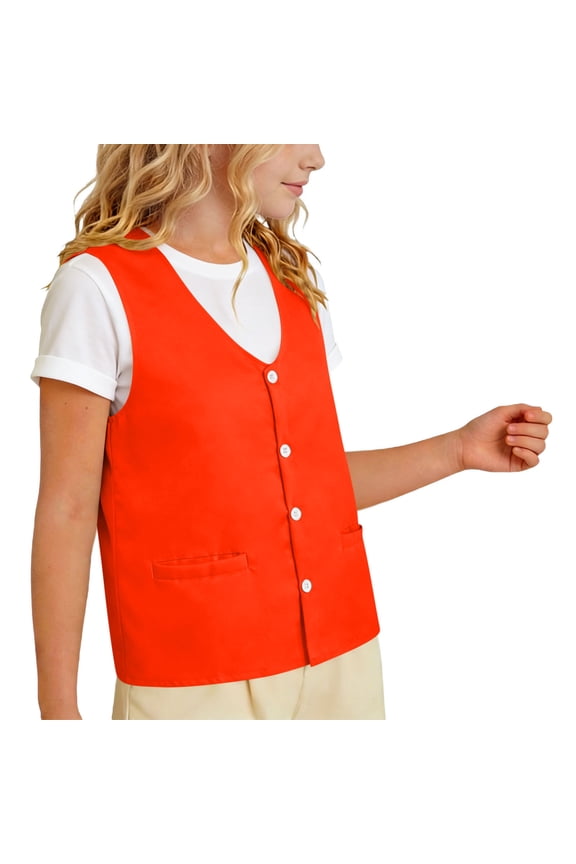 Boys Uniform Vest Sleeveless V-Neck Button Front with Pockets, Orange Polyester School Vest,Size 9-10T