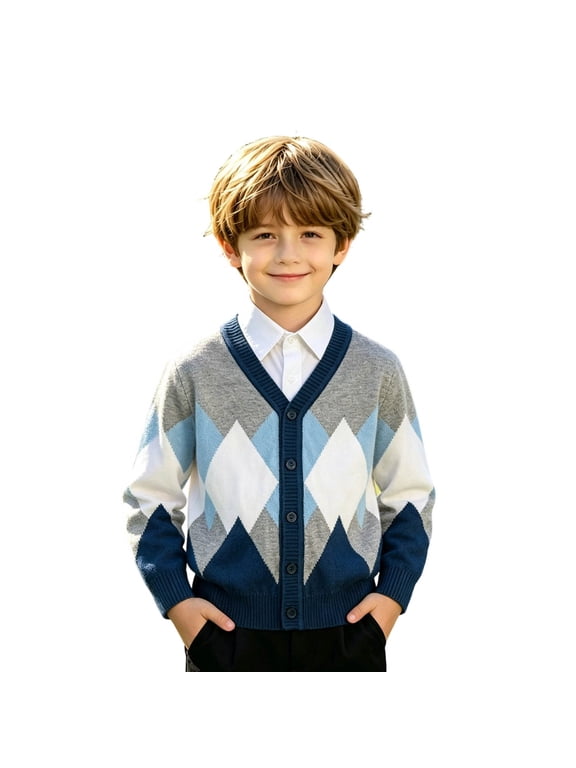 Boys V‑Neck Argyle Knit Cardigan, Long Sleeve Button‑Down Diamond Pattern Knitted Sweater Coat, Preppy Kids Knit Outerwear(Grey02,4-5Years)