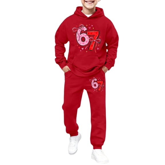 Boys Valentines Day Casual Print Hooded Tracksuit Warm Kids Jogger Outfit With Pocket Clothes