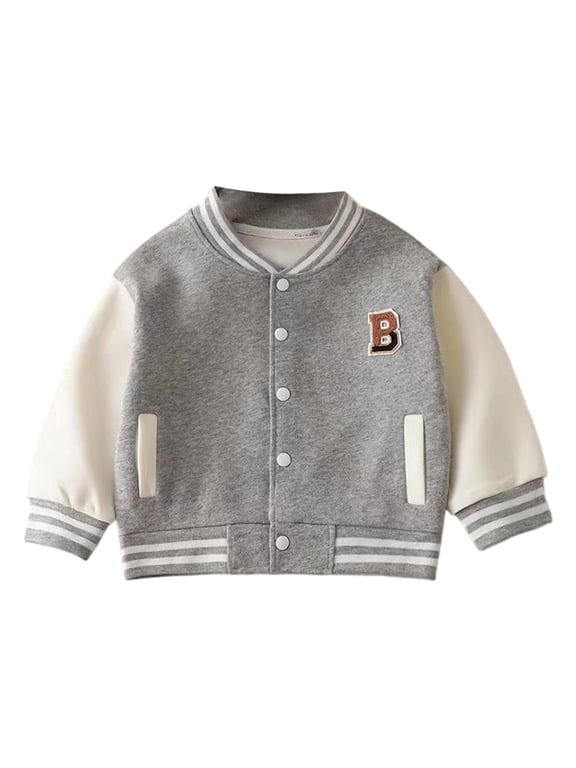 Boys Varsity Jacket Letter B Embroidered Baseball Collar Bomber Coat Girls Button Down Sweatshirt Drop Shoulder Outerwear