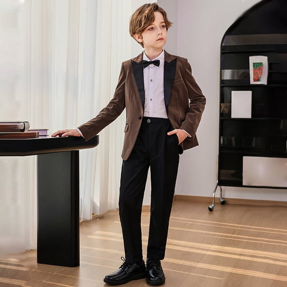 Boys Velvet Tuxedo Suit Outfit Set – Elegant Formal Wear for Kids Aged 1-14 Years, 4-Piece Ensemble with Bowtie