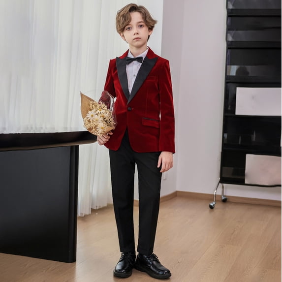 Boys Velvet Tuxedo Suit Outfit Set – Elegant Formal Wear for Kids Aged 1-14 Years, 4-Piece Ensemble with Bowtie