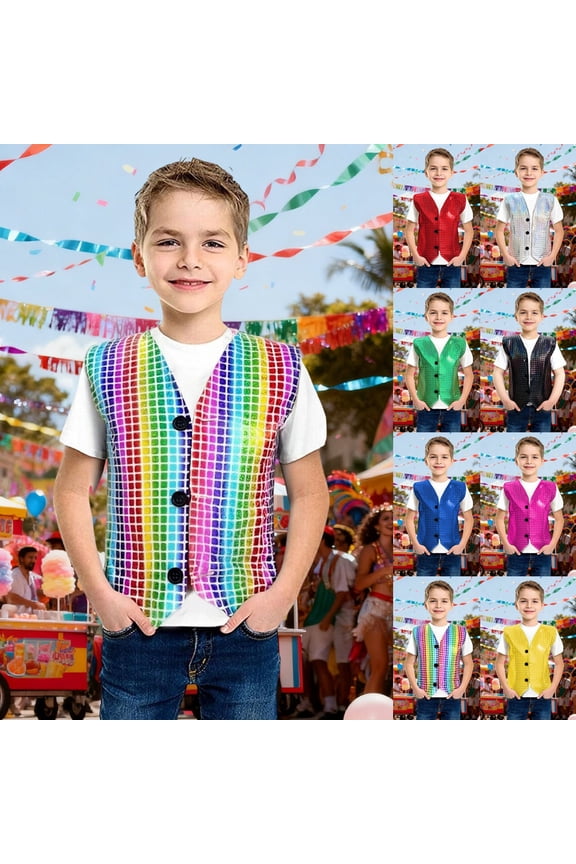 Boys Vest Jacket Kids Tshirts Carnival Boys Vest Cut Square Patchwork Sequin Applique For Stage Performance Party Tops for Teens 1-2 Years