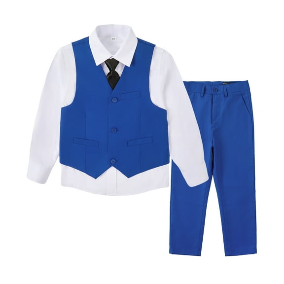 Boys Vest Suits 4 Piece Outfit Tuxedo Set,Formal Suit for Boys with Vest Pants Shirt and Tie,Royal Blue,Size 2-16