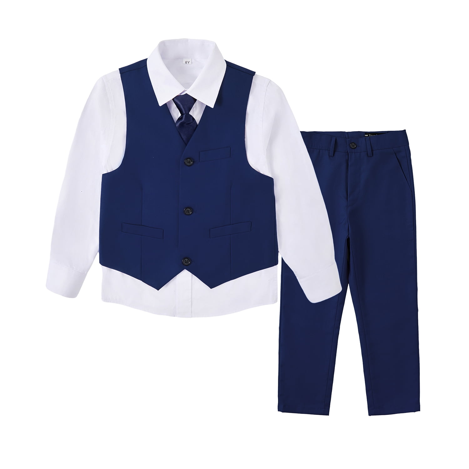 Boys Vest Suits 4 Piece Outfit Tuxedo Set,Formal Suit for Boys with Vest Pants Shirt and Tie,Navy Blue,Size 2-16