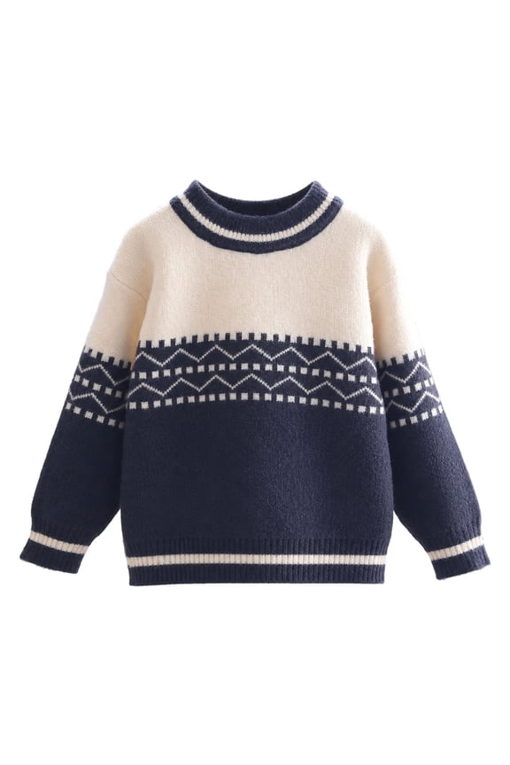 Boys Vintage Warm Thicken Wave Sweater Size 4-12 Years Casual Loose Long Sleeve Crewneck Pullover Sweater Jumper Tops Navy 11-12 Years