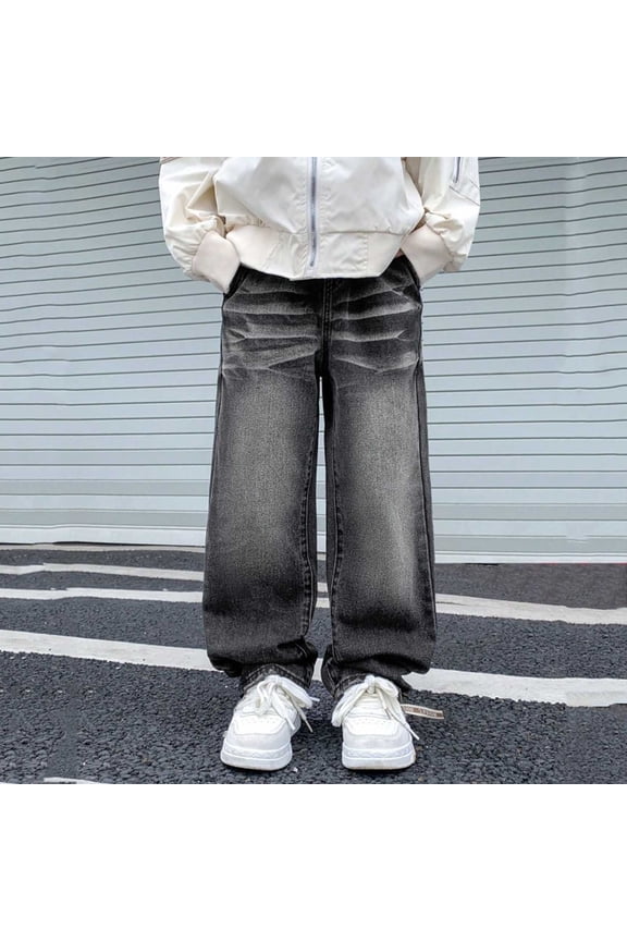 Boys' Vintage Washed Denim Jeans, Classic retro style, loose relaxed fit for trendy daily street looks, 13-17 Years Black a 9-10 Years