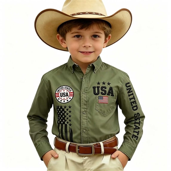 Boys Vintage Western Style Button Down Shirts, Kids USA Flag Embroidery Print Long Sleeve Collared Casual Top for Independence Day Holiday Wear(Army Green,6-7 Years)