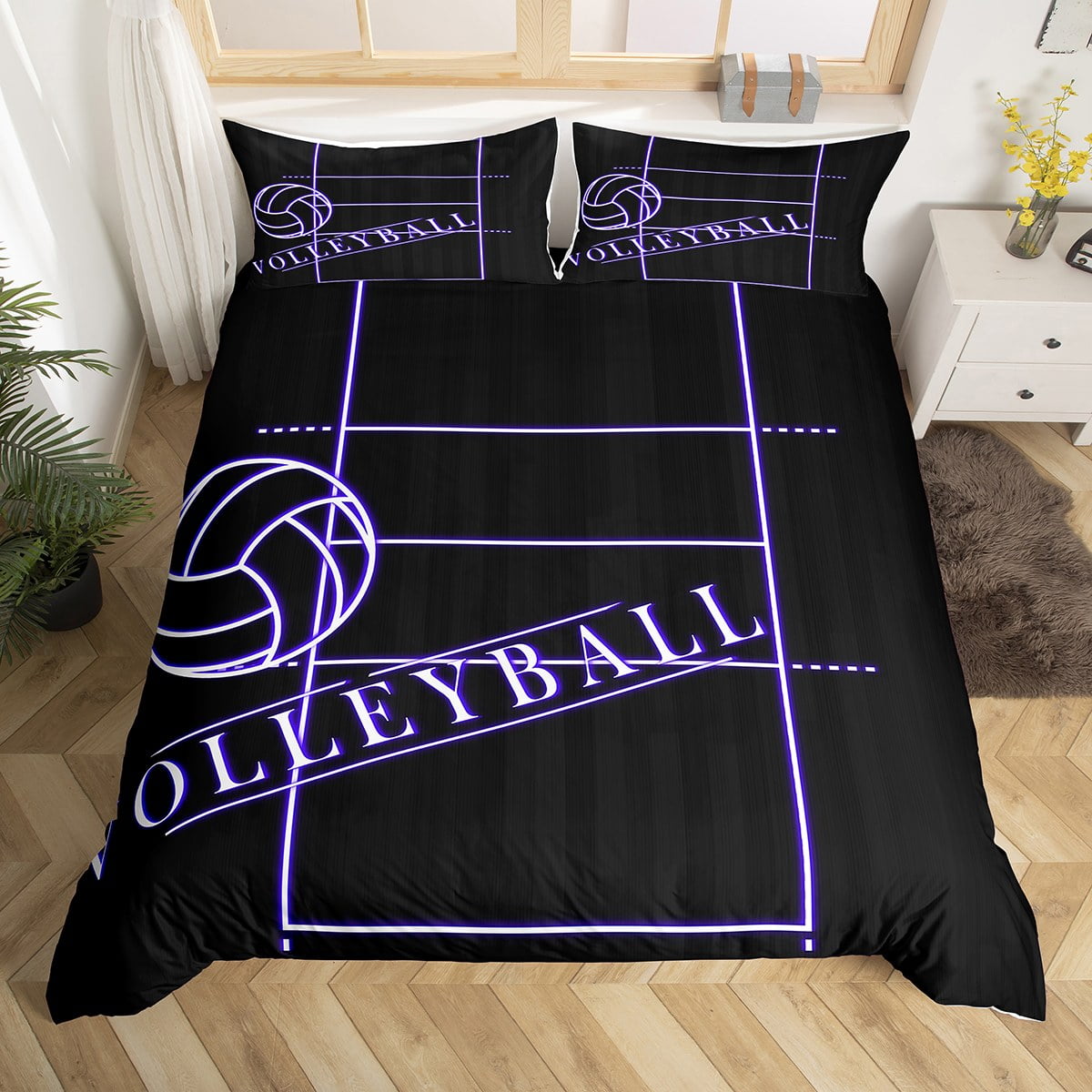Boys Volleyball Bed Set for Kids Teens Black Purple Navy Duvet Cover