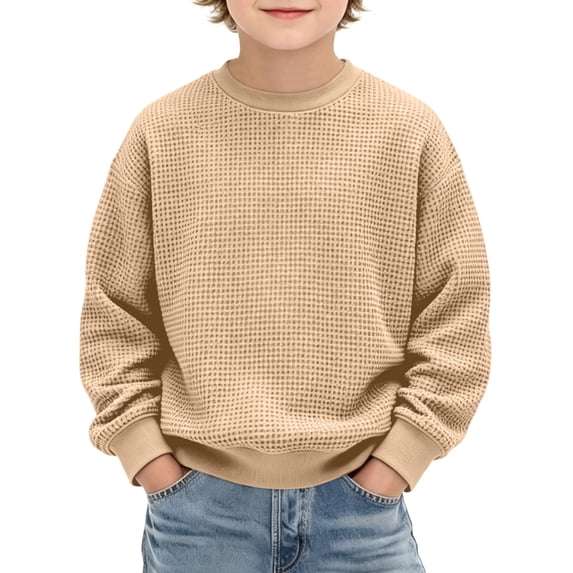 Boys Waffle Knit Crew Neck Pullover Long Sleeve Casual Sweatshirt Beige 3-4 Years
