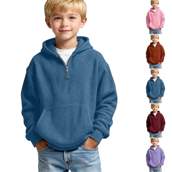 Boys Waffle Knit Quarter Zip Hoodie, Long‑Sleeve Half‑Zipper Pullover Top With Kangaroo Pocket, Soft Textured Loose‑Fit Hooded Sweatshirt