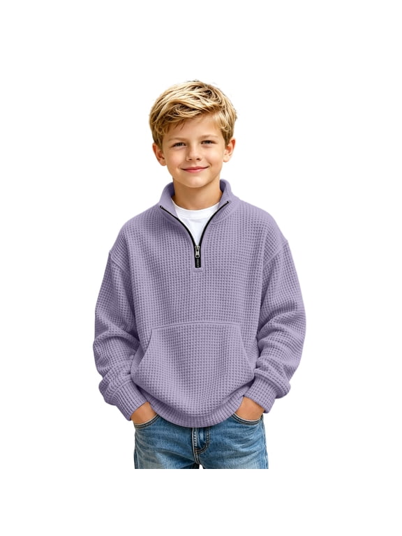 Boys Waffle Knit Quarter Zip Sweatshirts Fashion Long Sleeve Pullover Tops Kids Trendy Athletic Casual Sweatshirts Teen Boy Fall Winter Back to School Outfits,3-14 Years