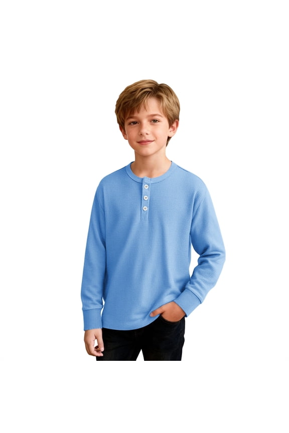 Boys Waffle Knit Shirts Long Sleeve Henley Button Casual T Shirt Soft Breathable Fashion Tops Lightweight Loose Solid Color Clothes