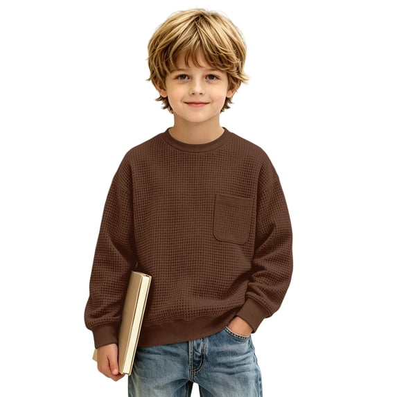 Boys Waffle Knit Sweatshirt Kids Crew Neck Long Sleeve Chest Pocket Relaxed Fit Fall School Pullover
