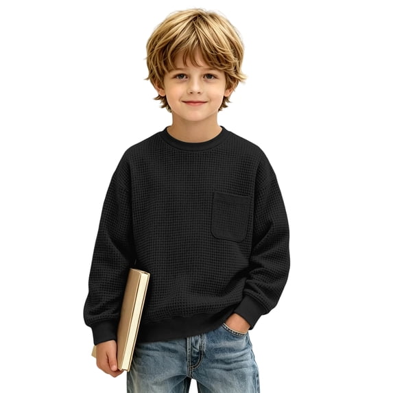 Boys Waffle Knit Sweatshirt Kids Crew Neck Long Sleeve Chest Pocket Relaxed Fit Fall School Pullover