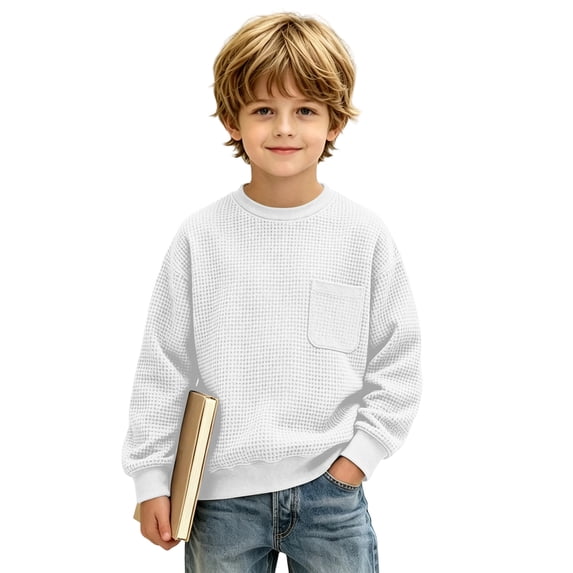 Boys Waffle Knit Sweatshirt Kids Crew Neck Long Sleeve Chest Pocket Relaxed Fit Fall School Pullover