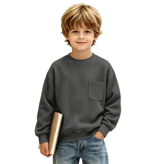 Boys Waffle Knit Sweatshirt Kids Crew Neck Long Sleeve Chest Pocket Relaxed Fit Fall School Pullover