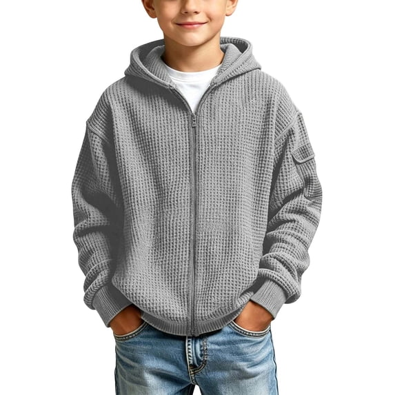 Boys Waffle Knit Zip Up Hoodie Tops, Long Sleeve Full Zip Hooded Sweatshirt with Sleeve Pocket, Loose Casual Outerwear for School Daily Outdoor Fall Winter Activities Gray 5-6T