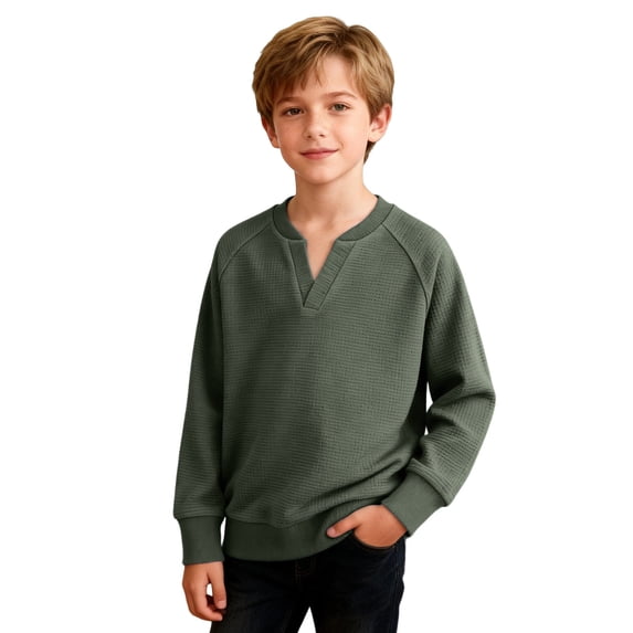 Boys Waffle Long Sleeve T-Shirts 4-14 Years Kids thermal V Neck Tops Youth Spring Fall Warm Shirts Basic Tees