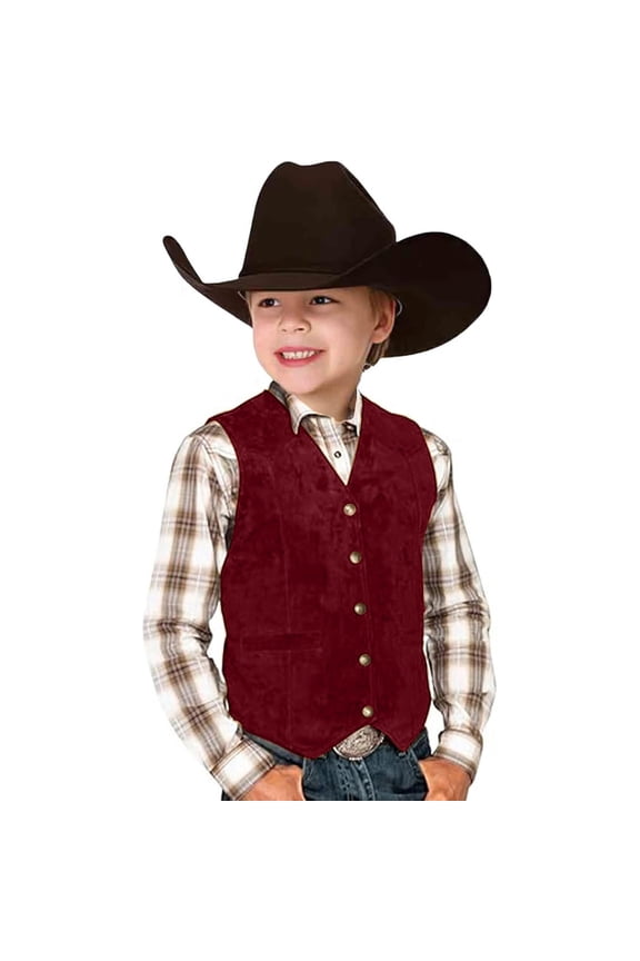 Boys Waistcoat jacket vest Tops Boys Cowboy Vest Suede Retro Style V Neck Button Down Casual Western Vest Waist Coat For party dressy Wine 11-12 Years