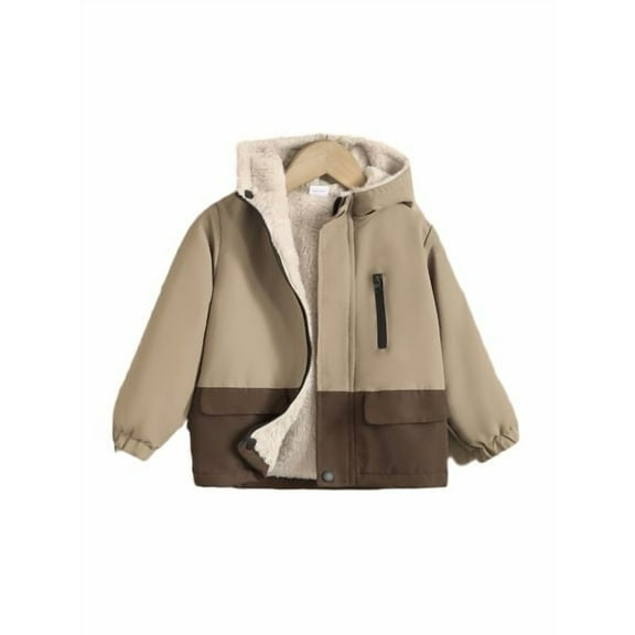 Boys' Warm Hooded Jacket Color Block, Utility Coat for Autumn & Winter