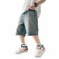 thumbnail image 1 of Boys Washed Distressed Denim Shorts, Loose‑Fit Knee‑Length Casual Jean Shorts, Elastic Waist Street‑Style Kids Trousers for 8‑12 Years Old, 1 of 6