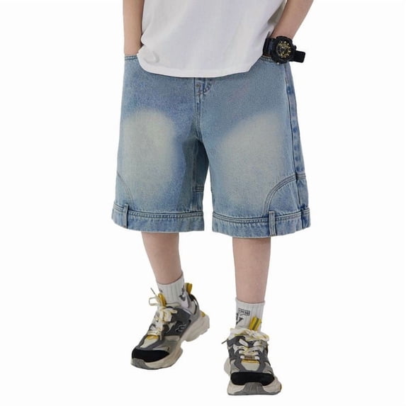 Boys Washed Fade Wide‑Leg Denim Shorts, Loose‑Fit Knee‑Length Casual Jeans Shorts for Kids 8‑12 Years Old