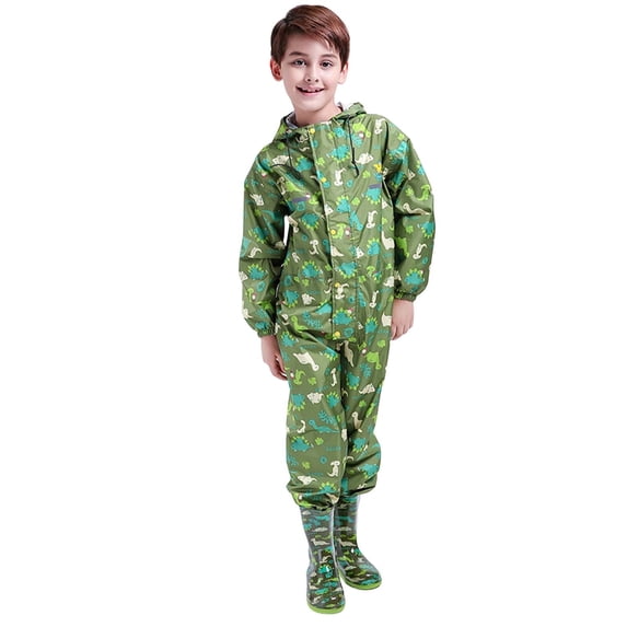 Boys Waterproof Dinosaur Print One Piece Rain Suit for Outdoor Playing Rainy Days Full Body Rain Gear 8-9 Years