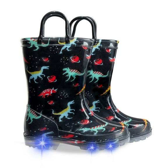 Kids Light Up Waterproof Rain Boots for Boys with Easy on Handles, Black Dinosaur, Size 13