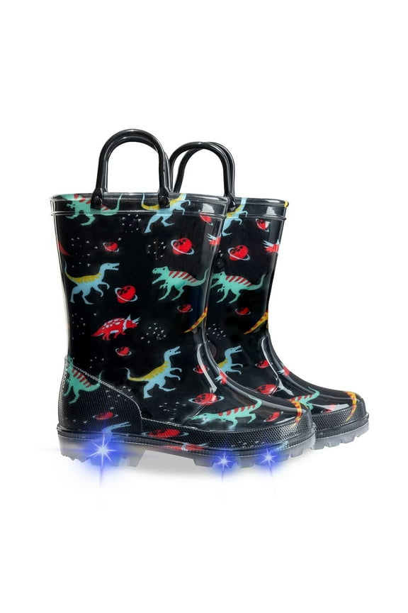 Kids Light Up Waterproof Rain Boots for Boys with Easy on Handles, Black Dinosaur, Size 1