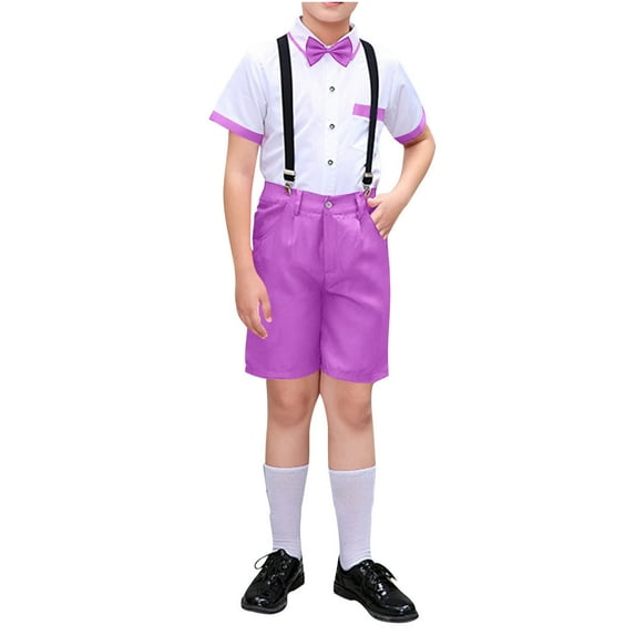 Boys Wedding Formal Outfits 3 Piece Dresswear Suit Set Toddler Dress Shirts Bowtie Suspender Shorts Gentleman Clothes 17-18 Years, Purple
