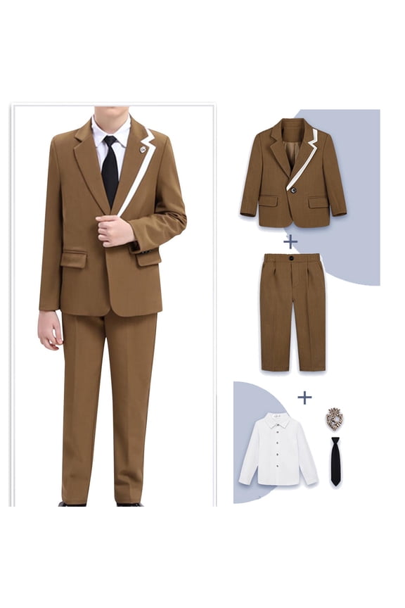 Boys Wedding Ring Bearer Suit 6 PCS Gentlemen British Outfits Blazer Dress Shirts Pants Vest Tie Tuxedo Formal Dresswear 2 Years, Coffee