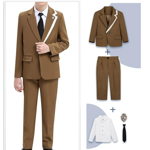 Boys Wedding Ring Bearer Suit 6 PCS Gentlemen British Outfits Blazer Dress Shirts Pants Vest Tie Tuxedo Formal Dresswear 5 Years, Coffee