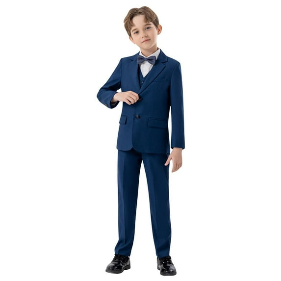 Boys Wedding Ring Bearer Tuxedo Suit 5 PCS Gentlemen Outfits Blazer Dress Shirts Pants Vest Bowtie Formal Dresswear 2 Years, Navy