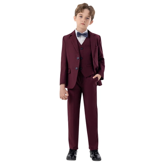 Boys Wedding Ring Bearer Tuxedo Suit 5 PCS Gentlemen Outfits Blazer Dress Shirts Pants Vest Bowtie Formal Dresswear 7 Years, Wine